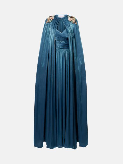 COSTARELLOS Embellished pleated caped bustier gown