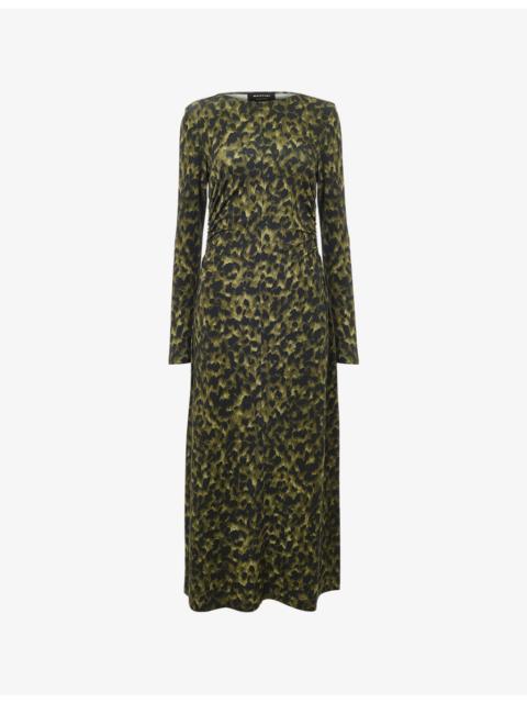 WHISTLES Ruched Animal-Print Stretch-Jersey Midi Dress