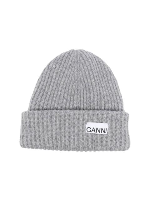 GANNI logo-patch rib-knit beanie