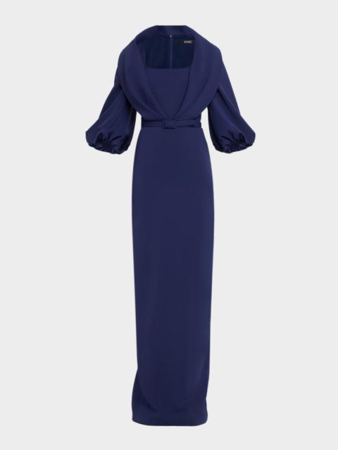 BADGLEY MISCHKA Draped Shawl-Collar Column Gown