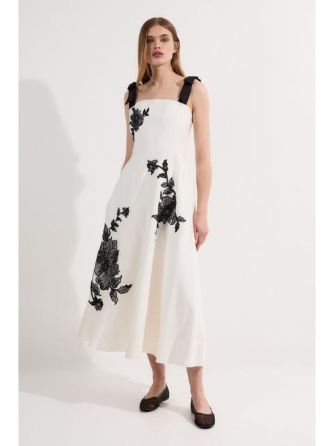 KAREN MILLEN Viscose Linen Placed Floral Lace Embroidered Strappy Midi Dress
