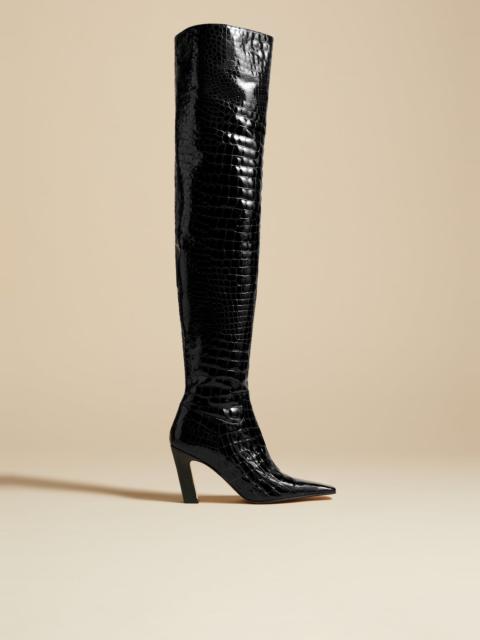 KHAITE The Marfa Over-the-Knee High Boot in Black Croc-Embossed Leather