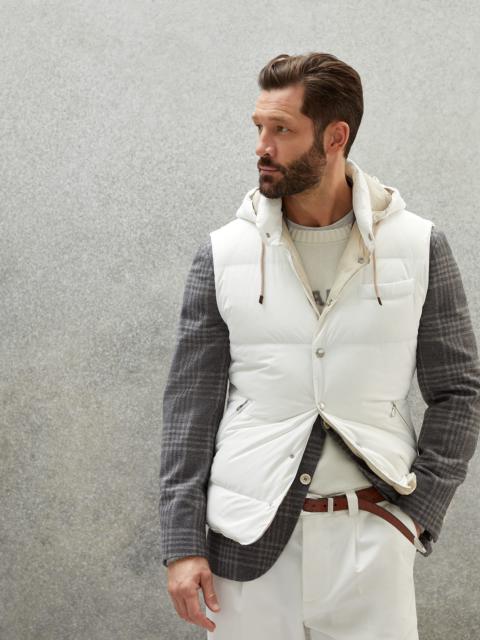 Bonded nylon down vest with detachable hood