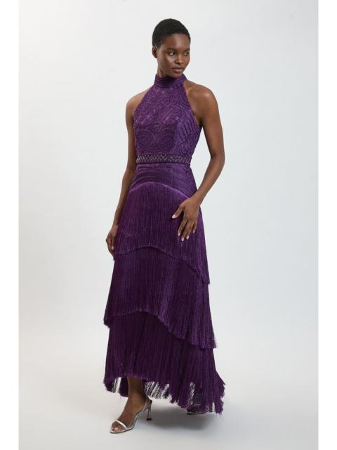 KAREN MILLEN Fringed Beaded Halter Neck Woven Maxi Dress