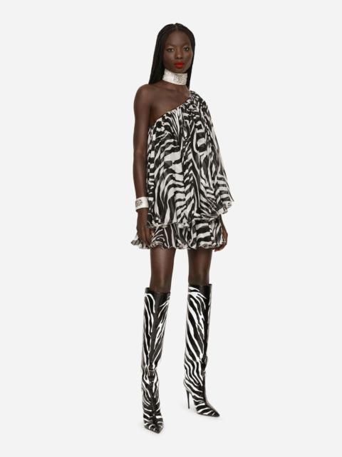 Short one-shoulder chiffon dress with zebra print