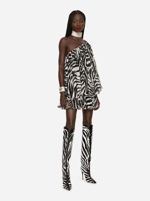 Dolce & Gabbana Short one-shoulder chiffon dress with zebra print
