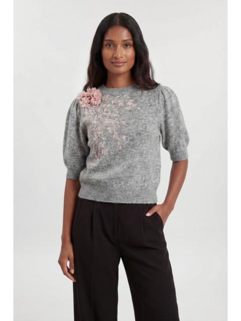 KAREN MILLEN Flower And Beaded Puff Sleeve Knit Tee