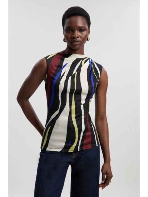 KAREN MILLEN Abstract Zebra Print Asymmetric Neck Sleeveless Crepe Top