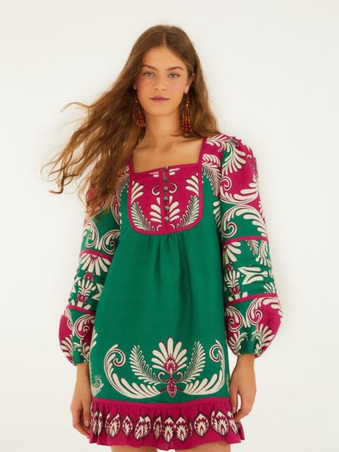 FARM RIO Multicolor Spring Arabesc Long Sleeve Euroflax Premium Linen Mini Dress
