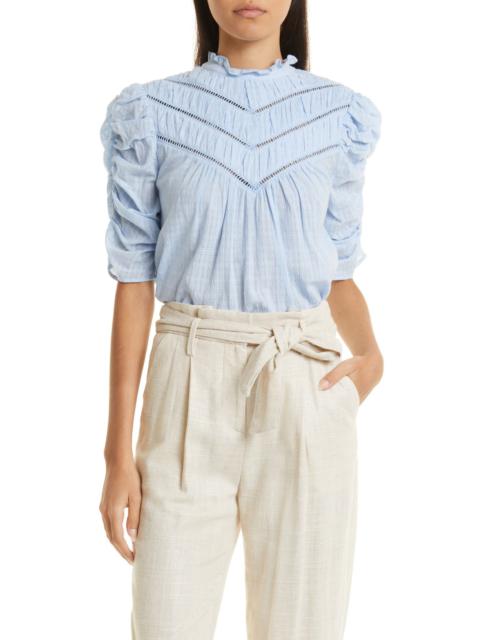 Veronica Beard Frasier Ladder Stitch Accent Cotton Blouse in Blue Mist at Nordstrom