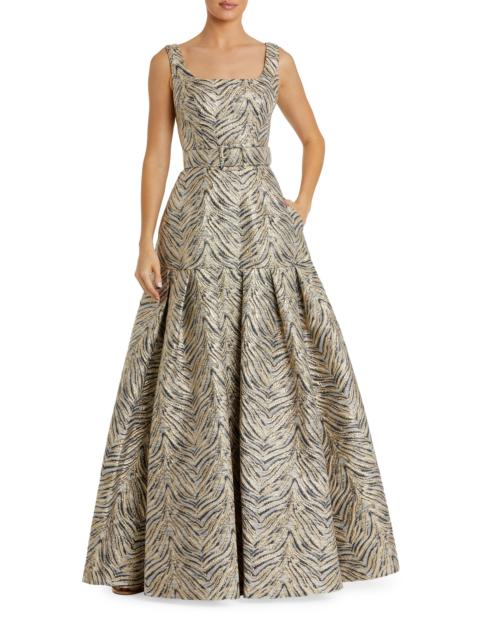 MAC DUGGAL Women's Evening Metallic Brocade Belted Gown - Gold