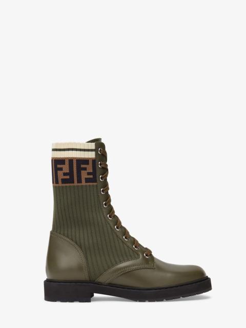 FENDI Green leather biker boots with stretch fabric