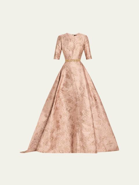 REEM ACRA Floral Brocade Gown With Crystal Belt