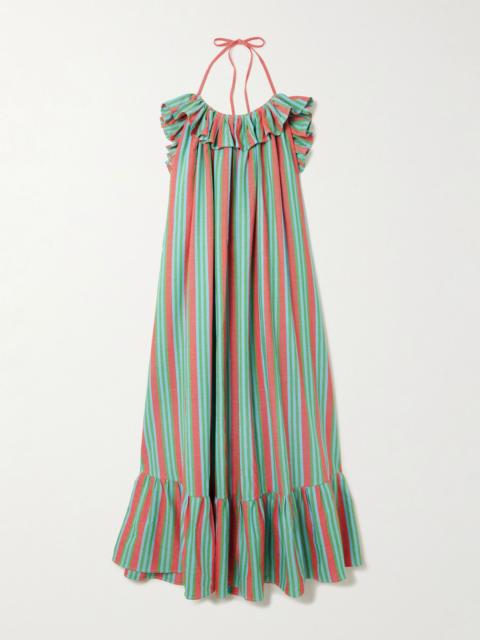 MARRAKSHI LIFE Ruffled tiered striped cotton halterneck maxi dress Green
