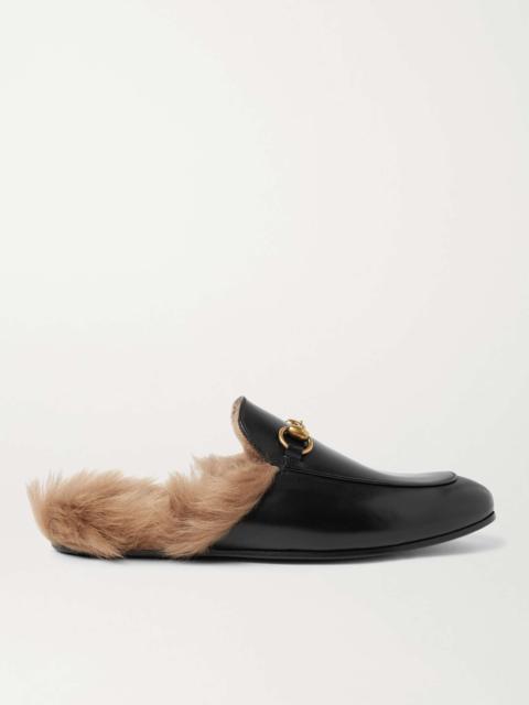 GUCCI Princetown Horsebit Shearling-Lined Leather Backless Loafers