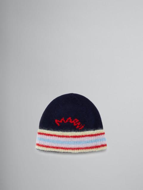 Marni DEEP BLUE WOOL BEANIE WITH STRIPED TURN-UP