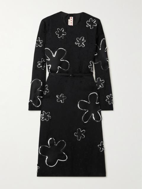 Marni Belted Sequin-embellished Floral Satin-jacquard Midi Dress