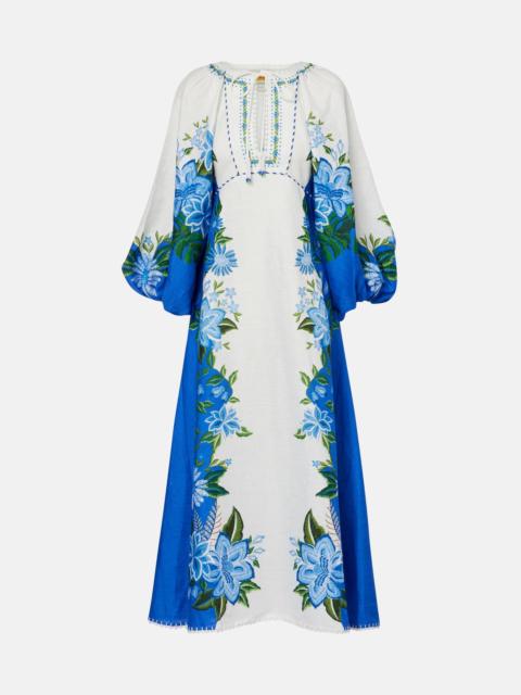 FARM RIO Printed puff-sleeve linen maxi dress