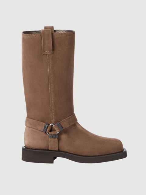 Brunello Cucinelli Suede biker boots with shiny loops