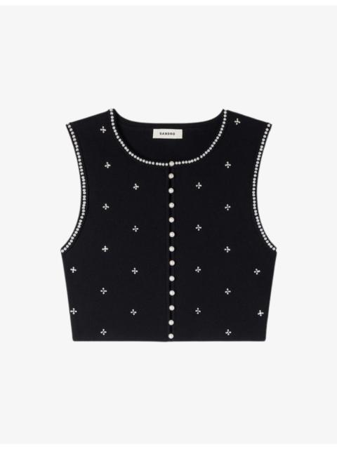 Sandro Rhinestone-Embellished Cropped Knitted Top