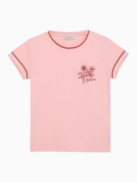 Pink cotton crew-neck T-shirt with embroidery