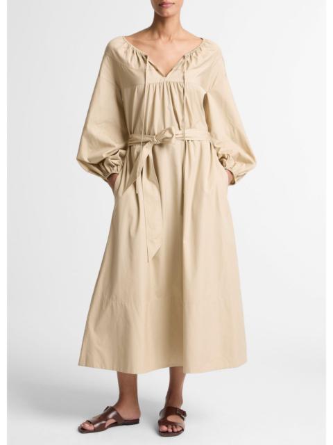 Vince Shirred Cotton Belted Tie-Neck Dress