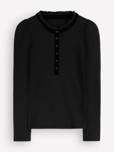 BODEN Velvet Ruffle Trim Henley Top-Black
