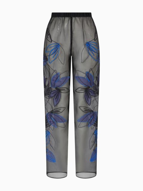 Pure silk organza elasticated-waist trousers with floral embroidery