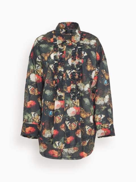 R13 Drop Neck Ruffle Shirt in Black and Red Multi Floral Butterfly