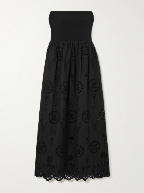 MATTEAU Strapless Broderie Anglaise Organic Cotton And Stretch-knit Midi Dress