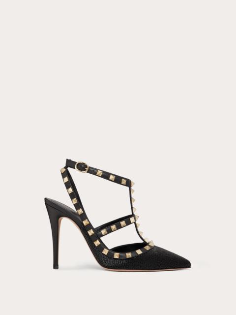 SATIN ROCKSTUD PUMP WITH ALL-OVER TUBES EMBROIDERY AND STRAPS 100MM