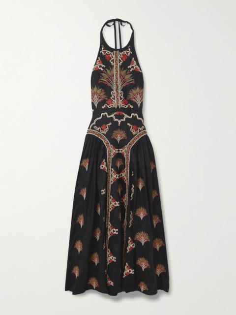 Agua by Agua Bendita Balsa Pleated Embroidered Linen Halterneck Midi Dress