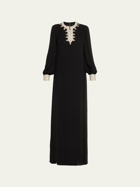 Valentino Crystal Silk Georgette Long-Sleeve Gown