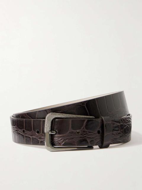 Croc-effect leather belt Dark brown
