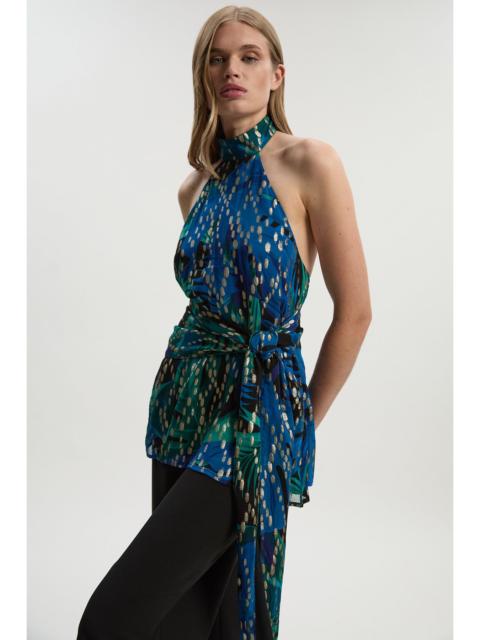 KAREN MILLEN Viscose Metallic Palm Print Halter Neck Top