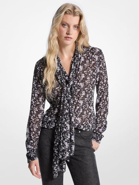 MICHAEL KORS Floral Print Georgette Tie-Neck Blouse