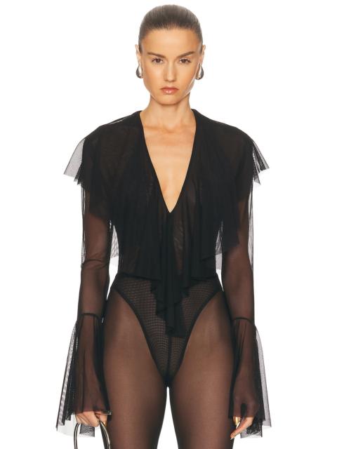 NORMA KAMALI Long Sleeve Deep V Ruffle Bodysuit
