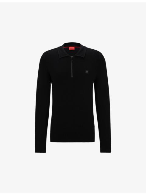 HUGO Logo-embroidered zip-neck knitted jumper