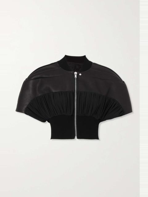 Cropped textured-leather, cotton and crepe de chine bomber jacket