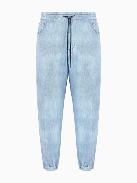 EMPORIO ARMANI Denim-effect printed jersey drawstring trousers with elasticated cuffs