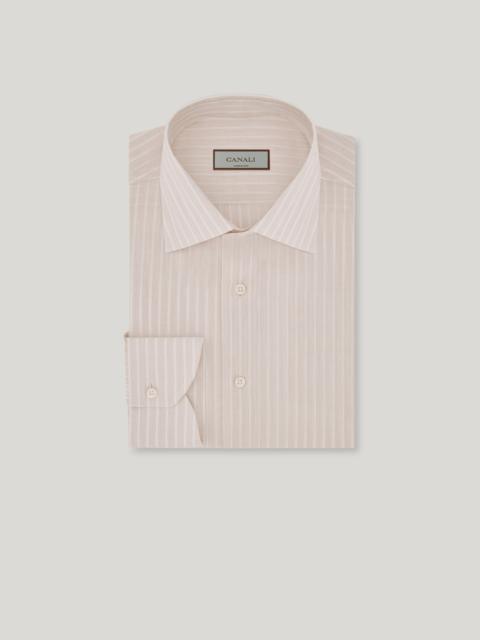 Canali BEIGE AND WHITE STRIPED COTTON AND LINEN REGULAR-FIT SHIRT