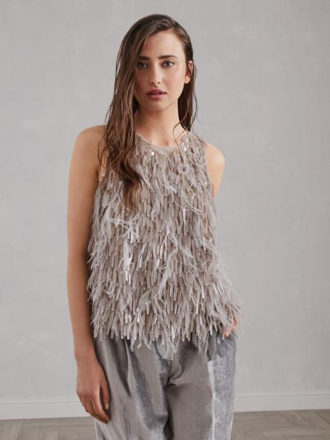 Brunello Cucinelli Dazzling cascade embroidery top in crispy silk with feathers