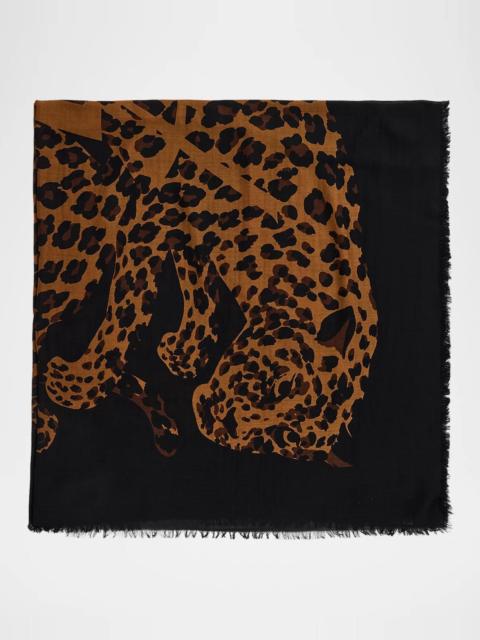 SAINT LAURENT Cassandre Leopard Wool Twill Scarf