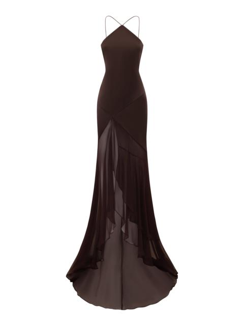 ALEX PERRY Halter Gown W/ Tiered Skirt In Silk Satin & Silk Georgette brown