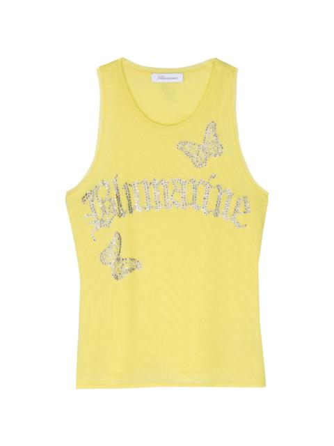 Blumarine rhinestones-logo mesh tank top