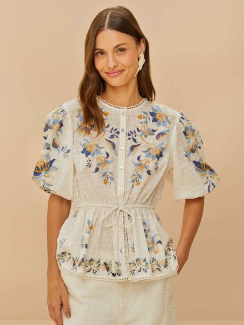 FARM RIO Off-White Mystic Blue Lotus Dreamscape Blouse