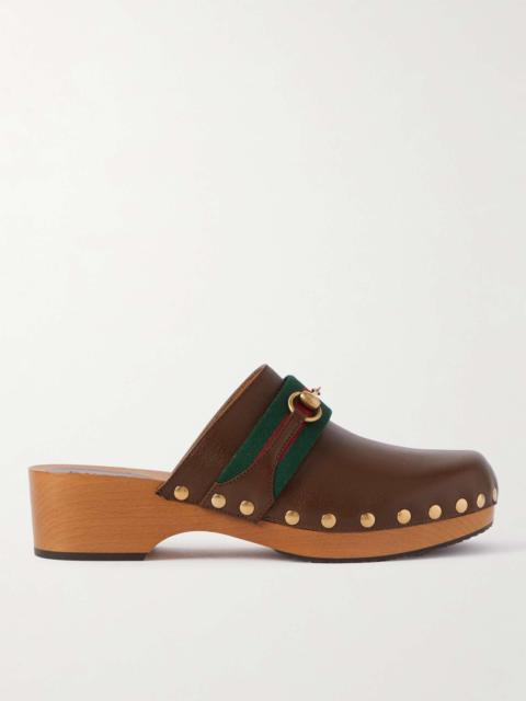 GUCCI Horsebit Webbing-Trimmed Leather Clogs