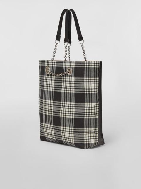 CHECK WOOL SHOPPING BAG WITH LEATHER HANDLES