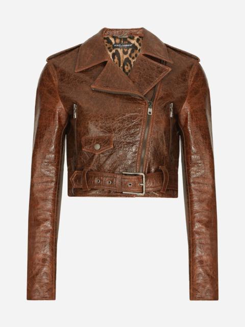 Coated cotton faux leather biker jacket