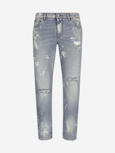 Bleached wash slim-fit stretch denim jeans